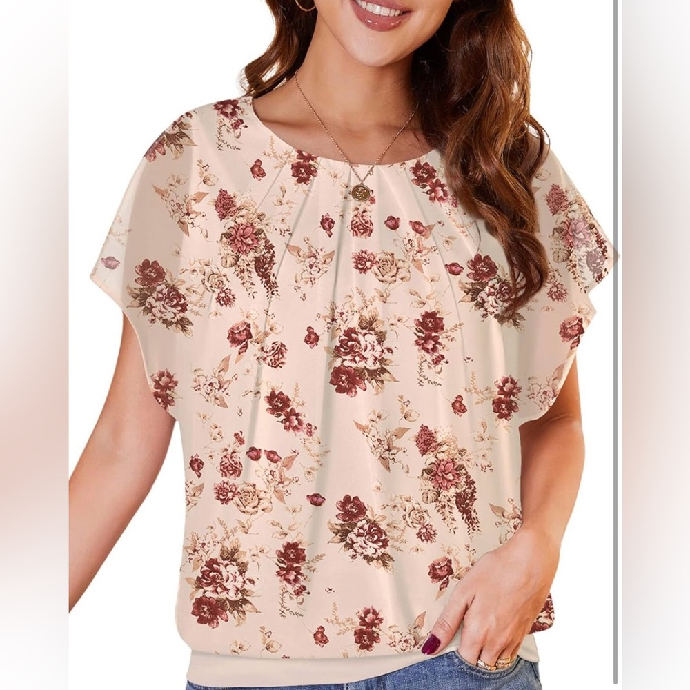 Women's Casual Flouncing Short Sleeve Pleated Front Loose Chiffon Blouse Top